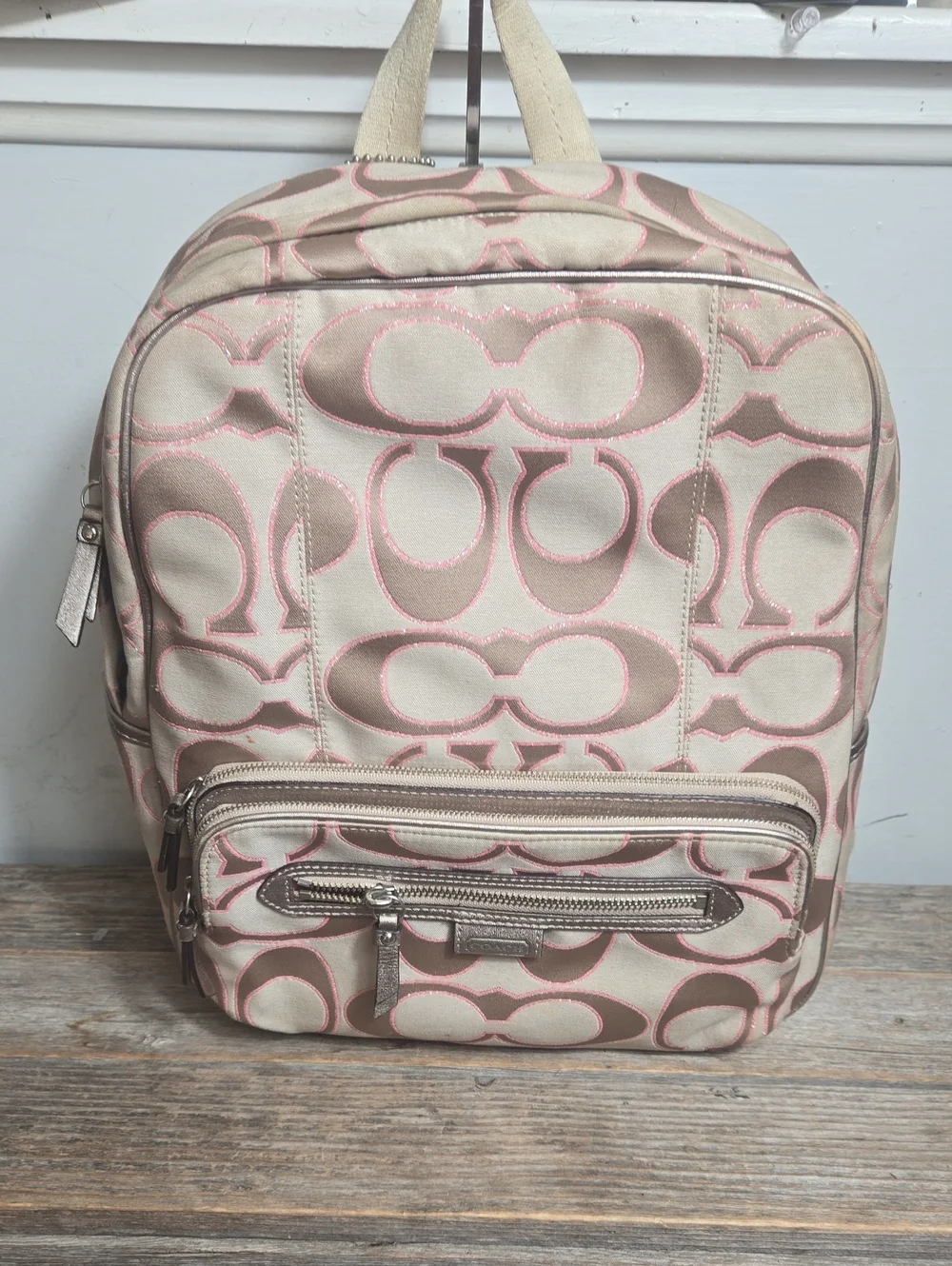 Coach Signature Canvas LARGE Backpack in Beige with Pink And Metallic Accents